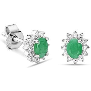 Miore Sieraad dames 0,09 Ct diamant bloem oorbellen met edelsteen geboortesteen ovaal natuurlijke smaragd- saffier robijn met 24 diamanten briljant oorknopjes van witgoud - geelgoud 9 karaat 375,