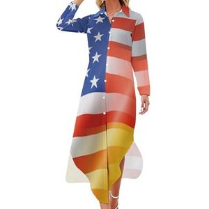 Amerikaanse en Duitse vlaggen dames maxi-jurk lange mouwen knopen overhemd jurk casual feest lange jurken S