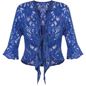 FAIRY TRENDZ LTD Dames 3/4 mouw bloemen kant voorkant Tie Up Sequin Shrug dames bolero stretch bijgesneden top vest, koningsblauw, 42-44
