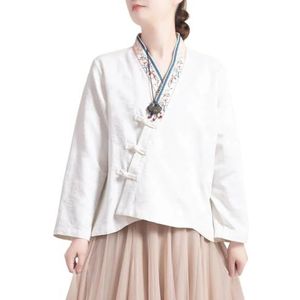 Chinese Stijl Retro Katoen Linnen Top Dames Plus Size Borduren Traditionele Hanfu Blouse Lange Mouw Flowy Shirt (Color : White, Size : M)