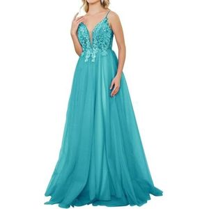 HPPEE Spaghetti Strap V-hals Tule Galajurken met Kant Applique A-lijn Formele Avondjurk, Turkoois, 34