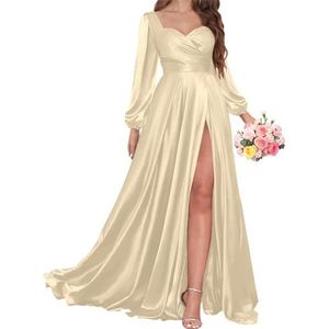 AHERKLL Bruidsmeisjesjurken met lange mouwen voor bruiloft, satijnen formele avondfeest, maxi-jurk met split HAH056, Champagne, 32