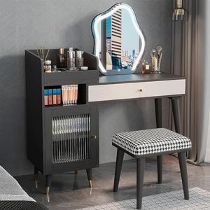 EdNey Vanity Desk Set, voor slaapkamer, make-up ijdelheid, met 3-kleuren verstelbaar aanraaklicht, kaptafel met grote laden en planken (kleur: wolk spiegel, maat: 80 cm)