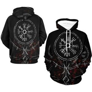 Coole en Trendy Vikingwolf Fenrir Runen Hoodies, Lente Herfst Buitensport Trui, Hiphop Streetwear met Ronde Hals(Compass,L)