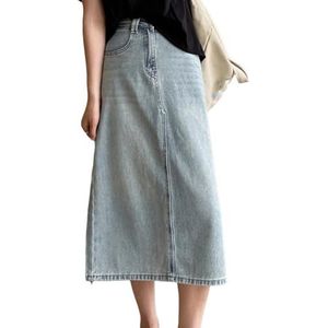Dames Lange Denim Rok A-Lijn Hoge Taille Rug Split Casual Streetwear Maxi Jean Rokken Met Zak,Light blue,L