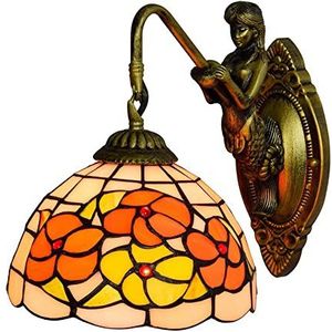 Tiffany Stijl Wandlamp, 8-Inch Gebrandschilderd Glas Lampenkap, Retro Florale Wandlamp Met E27 Zeemeermin Arm, Decoratieve Wandlamp Voor Woonkamer En Slaapkamer