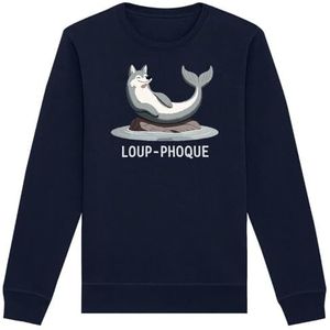 Sweatshirt met zeewolf, uniseks, bedrukt in Frankrijk, 100% biologisch katoen, cadeau voor dieren, verjaardag, humor, origineel grappig, Marineblauw, L/Tall
