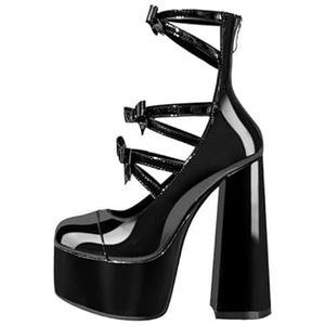 MissHeel Plateaupumps met kruisband blokhak strik Gothic Cosplay Sexy Hoge Hakken, zwart, 44 EU