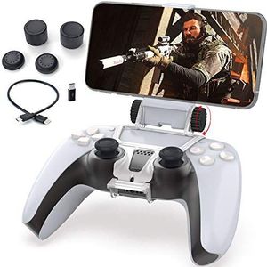 Voor PS5 Controller Telefoonhouder, Megadream Gaming Mount Clip Stand voor Playstation 5 Controller, Ondersteuning iPhone/Android met PS Remote Play, inclusief OTG-kabel/4 Thumb Grip Caps/Type C