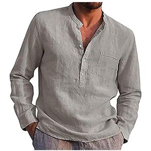Heren Buttondown Overhemd Casual Linnen Overhemd Met Lange Mouwen Heren Indoor Strand T-shirt heren t-shirt (Color : Gray, Size : M)