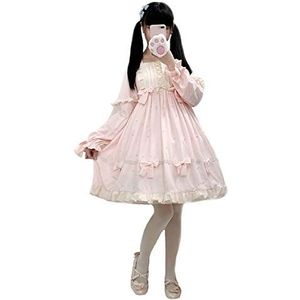Meisjes Lolita Prinses Jurk Japanse Stijl Mesh Parel Boog Lange Mouw Trui Casual Dagelijkse Jurken, roze, Eén Maat