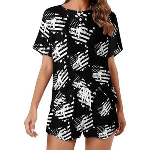 Zwarte USA Gun Flag Zachte Womens Pyjama Korte Mouw Pyjama Loungewear met Zakken Gift voor Thuis Strand 3XL