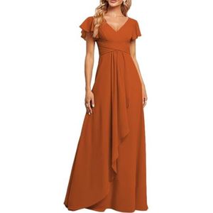 Bruidsmeisjesjurken met V-hals, lange jurk voor dames, lange korte mouwen, formele feestjurk met zakken, Verbrand Oranje, 38
