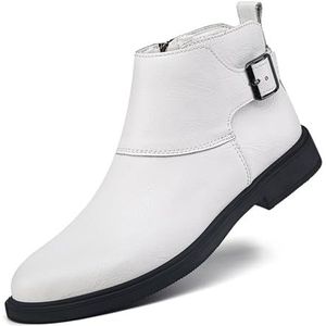 Men's Leather Dress Chelsea Boots Pointed Toe Inner Zipper Adjustable Business Formal Chukka Boots Non-Slip Casual Booties (Color : White, Size : EU 44)