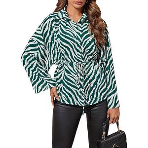dames topjes Zebra gestreept overhemd met verlaagde schouders en riem - Casual los overhemd met lange mouwen for dames (Color : Dark Green, Size : XL)