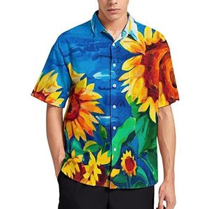 Zonnebloemen Schilderen Mannen Korte Mouw T-Shirt Causale Button Down Zomer Strand Top Met Pocket