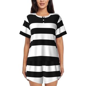 RIVETECH Strepen Zwart Wit Print Dames Korte Mouwen Pyjama Set - Comfortabele Korte Sets, Mouwen Nachtkleding Met Zakken, Zwart, XL