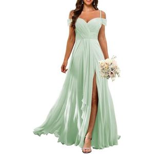 KURFACE Dames koude schouder chiffon bruidsmeisjes jurken met split geplooide formele avondjurk Maid of Honor, Salie, 36