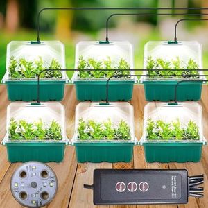 Kamerbroeikas, kweekbak, 6 stuks, mini-broeikas, kweek met hoog deksel, zaailingstarter met timercontroller (8 LEDs), trays broeikas kweekschaal met 10 etiketten en 2 gereedschappen