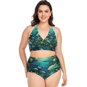 Groen Water Oceaan Vis Koraal Vrouwen Bikini Sets Plus Size Badpak Twee Stukken Hoge Taille Strandkleding Meisjes Badpakken, Pop Mode, 4XL