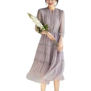 jurken voor dames Effen jurk met riem en knopen aan de voorkant (Color : Dusty Purple, Size : M)