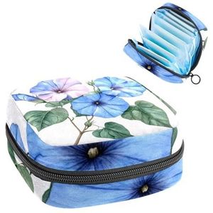 Draagbare maandverband opbergtas, menstruatiecup zakje vrouwelijke menstruatie pads tas voor tienermeisjes, tampons eerste menstruatie kit, blauwe en roze bloemen en groene bladeren bloemen