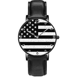 Grunge Zwart Wit VS Vlag Klassieke Patroon Horloges Persoonlijkheid Business Casual Horloges Mannen Vrouwen Quartz Analoge Horloges, Zwart