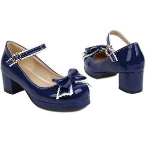 Fasion Special Bow Mary Janes laklederpumps met blokhak voor dames, rockabilly-schoenen, lolita-mode, vintage, dienstmeisjes-cosplay, blauw, 39 EU