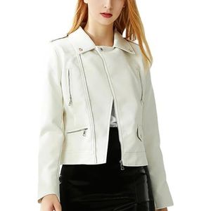 A&M Express Stijlvolle witte PU lederen jas voor dames - lange mouw dames revers rits lederen jas, Wit, XL