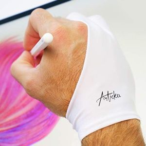 Articka Artist handschoen voor tekentablet, iPad (2 vingers, verminderde wrijving, elastisch lycra, goed voor rechts- en linkerhanden), klein wit