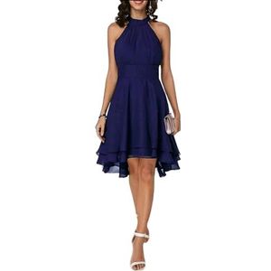 Gyios dress Summer Elegant Women Dresses High Waist Cropped Layered Solid Halter Dress Ladies Casual Sleeveless Chiffon Party Dress-dark Blue-m