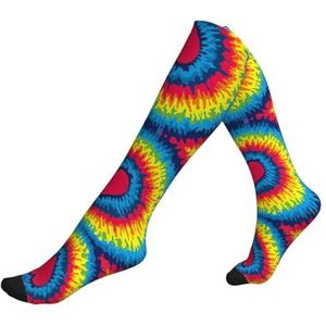 KoNsev Hart Rainbow Tie-Dyed Compressie Sokken Voor Vrouwen Mannen Ondersteuning Sokken Knie Hoge Verpleegkundigen, Zwangerschap, Hardlopen, Vliegen, 1 zwart, Eén Maat