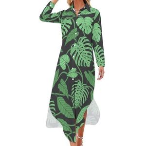 Tropisch patroon met Monstera-bladeren dames maxi-jurk lange mouwen knopen overhemdjurk casual feest lange jurken XL