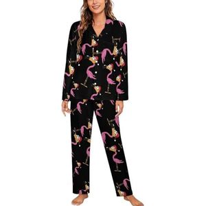 Leuke Kerstman Flamingo Vrouwen Lange Mouw Button Down Nachtkleding Zachte Nachtkleding Lounge Pyjama Set S