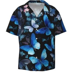 YJxoZH Blauwe Vlinders Witte Bloemen Print Heren Jurk Shirts Casual Button Down Korte Mouw Zomer Strand Shirt Vakantie Shirts, Zwart, S