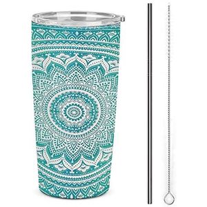 Groene Mint Mandala Herbruikbare Geïsoleerde Koffiekop Reismok Dubbelwandige Tumbler met Deksel en Stro