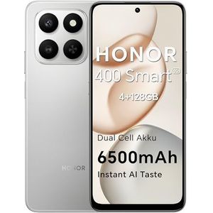 HONOR 400 Smart 5G Smartphone Dual SIM NFC Android 15, 4 + 128 GB, 6500 mAh Dual Cell accu, Instant AI knop, 6,77 inch 120 Hz Comfort Display, 5 sterren SGS & IP65, 50 MP + 2 MP, Meteor Silver