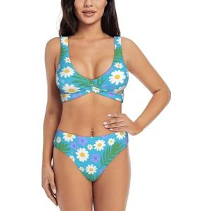 Zelinge Bikinitop met wikkelvoorkant en hoge taille onderaan, zomerzwempak met hoge taille, S-2XL, Bladeren Madeliefjes Blauw, S