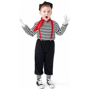 Bemvp Pantomime-kunstenaarskostuum voor kinderen, stille acteur, cosplay-outfit, zwarte baret, hoed, T-shirt, witte handschoenen, bretelset, uniseks kinderjurk