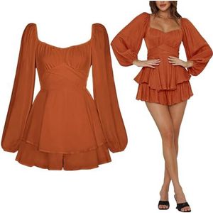 Vrouwen Lantern Lange Mouw Jumpsuit jurk Laagjes Gerimpelde Ruffle Strik jurk Mini Set Romper(Orange,S)