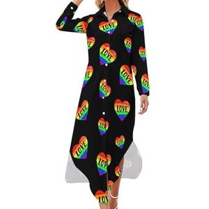 Liefde Regenboog Gay Pride Hart Lange Mouw Maxi Shirt Jurken voor Vrouwen Casual V-hals Knop Blouses 3XL