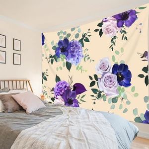 56 Muur Opknoping Bloem Paars Roze Bloem Met Groene Eucalyptus Op Beige Achtergrond Natuur Plant Tapestry Zachte Wandtapijten Art Decoratie Tapijt Voor Woonkamer Slaapkamer Feest 130x152cm