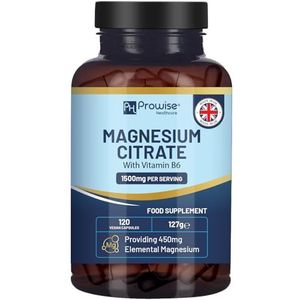 Magnesium citraat capsules 1500 mg met vitamine B6 | 120 veganistische capsules | 450 mg elementaire mg | Magnesium supplementen met hoge sterkte voor vrouwen en mannen