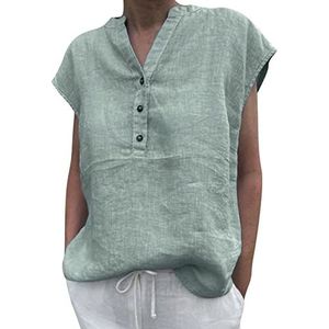 Dames tops zomer dames casual solide V-hals button katoen mix korte mouwen shirt blouse top vintage blouse dames viscose, grijs, S