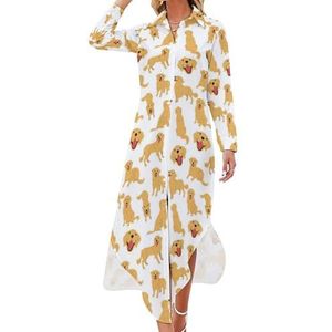 Golden Retriever Maxi-jurk voor dames, lange mouwen, knoopsluiting, casual, party, lange jurk, 5XL