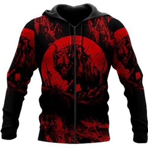 Noorse Mythologie Odin Fenrir Hoodie - Nieuwe 3D-geprinte Tattoo Herfst Cosplay Party Donkerrode Rits Sweatshirt - Stijlvol Harajuku Los Sweatshirt met Lange Mouwen(Color:B Zip Hoodie,Size:4XL)