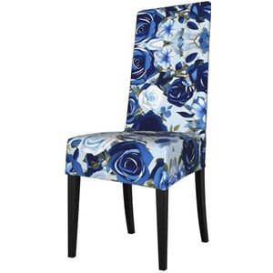 Blauwe bloem bloemenpatroon rozen print elastische eetkamerstoel cover met verwijderbare bescherming, geschikt voor de meeste armleuningen stoelen