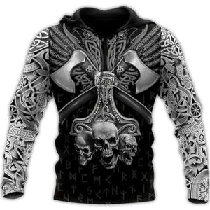 Viking Skull Axe hoodie Voor Heren - Middeleeuwse 3D All-over Bedrukte Thor Hammer Totem Hiphop-punk Pullover sweatshirt - IJslands Vrijetijdsjack met Lange Mouwen en Trekkoord (Color : Pullover Hood