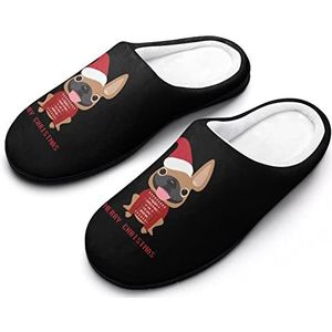 Santa Franse Bulldog katoenen pantoffels voor dames, traagschuim, antislip, huisschoenen, indoor en outdoor