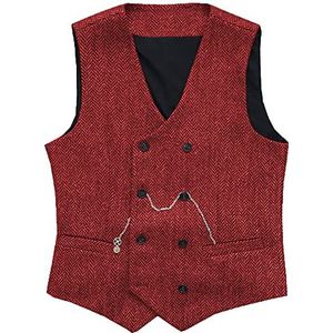 Heren Visgraat Vest met dubbele rij knopen Wollen Business Tweed gilet kleedt slank af(Small, rood)